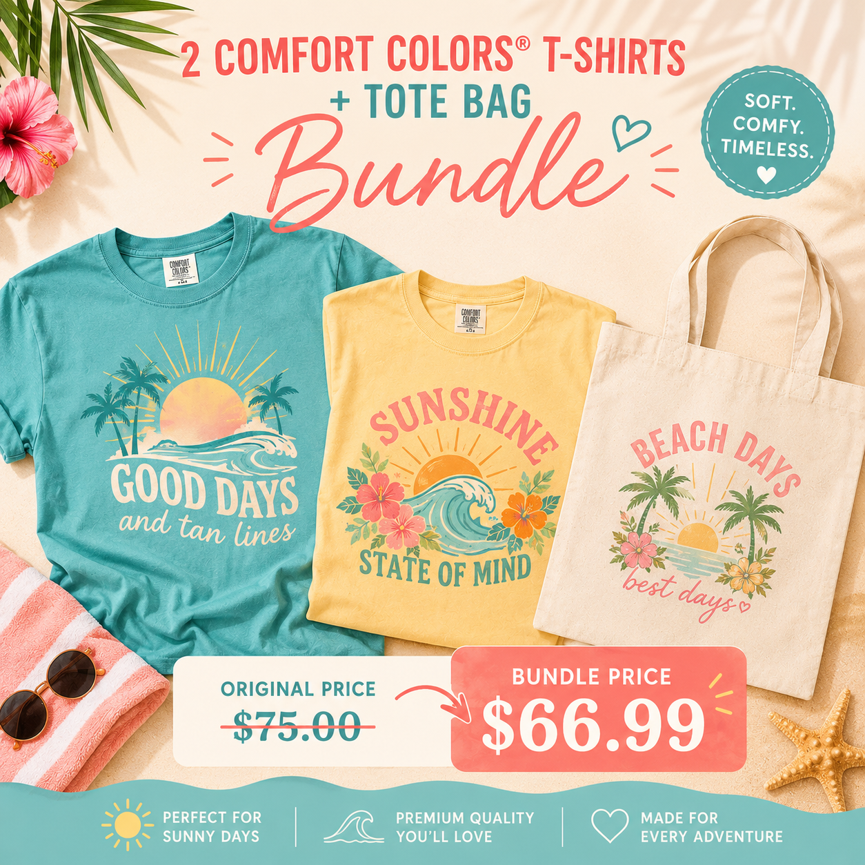 2 Summer Graphic Tees + Tote Bag Bundle