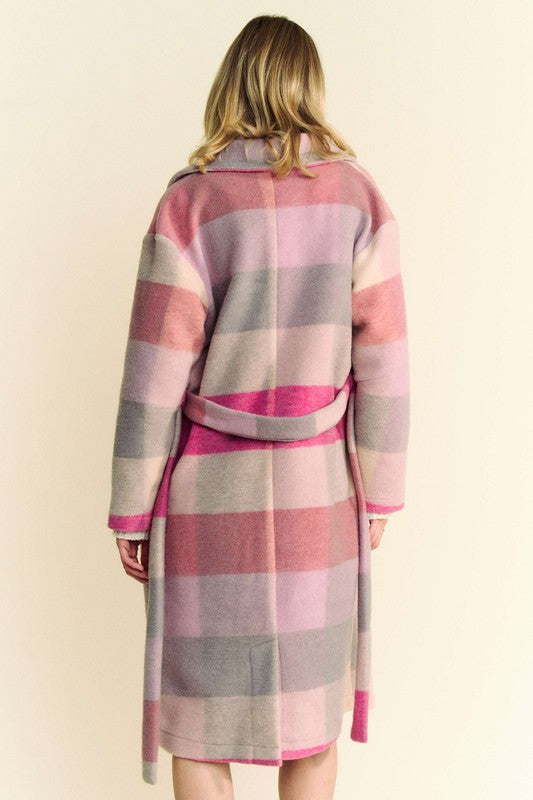 Pink Tied Color Block Collared Neck Coat