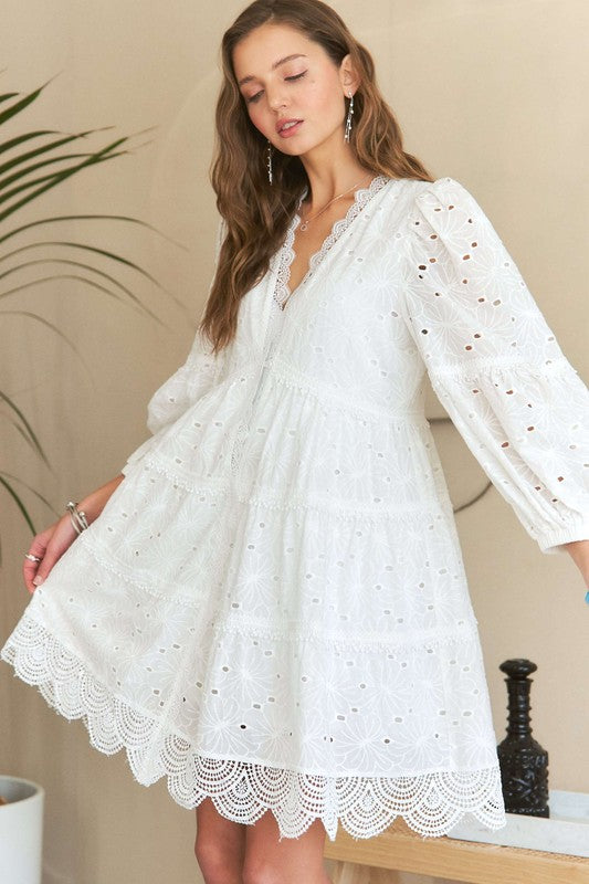 Lace Detail Tiered Eyelet V-Neck Babydoll Dress