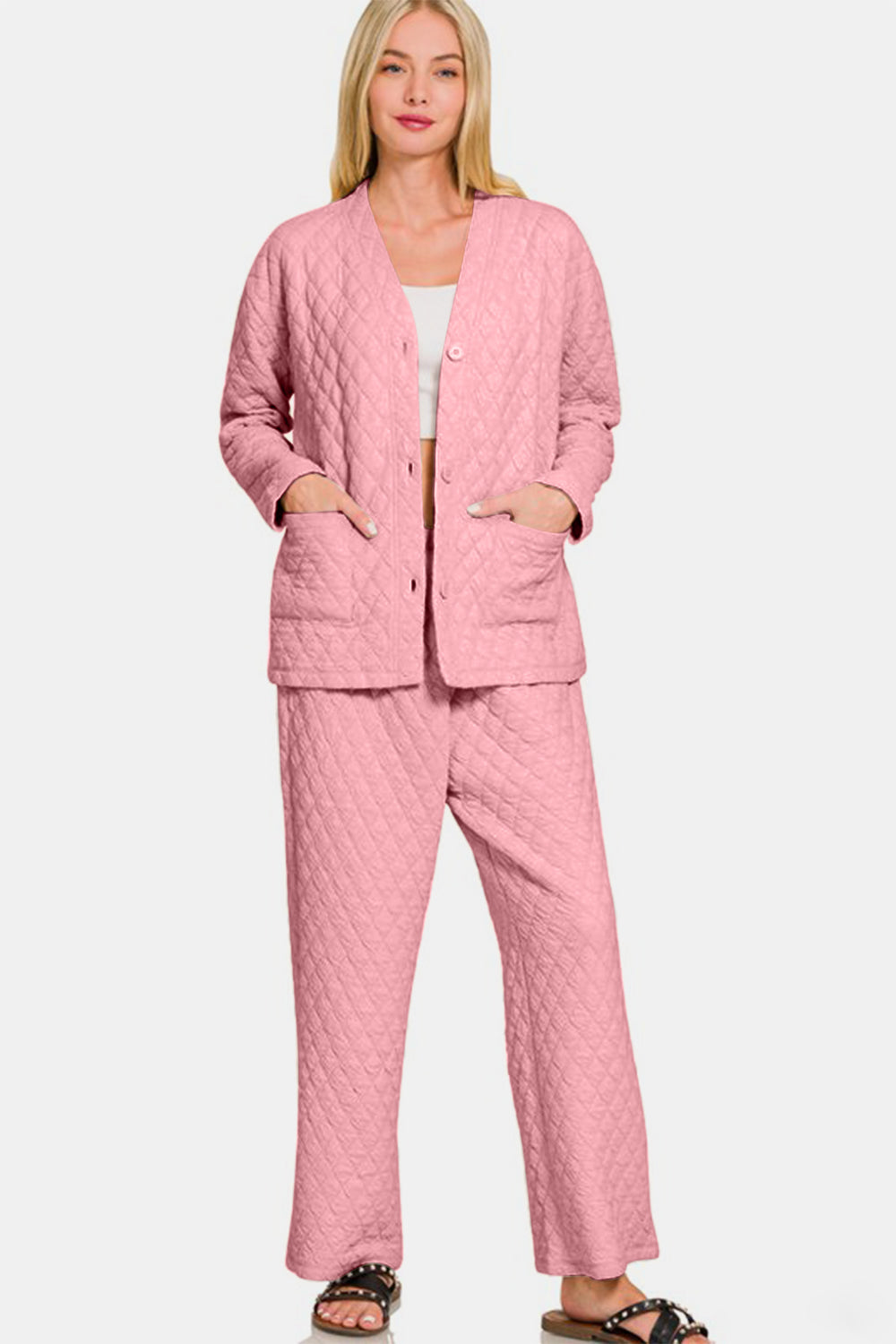 Quilted Button Up Long Sleeve Top and Pants Lounge Set