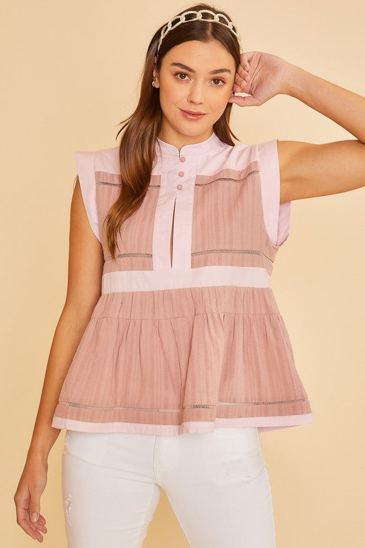 Contrast Trim Peplum Button Detail Blouse