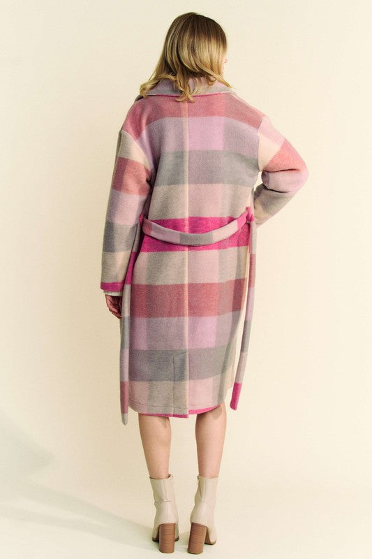 Pink Tied Color Block Collared Neck Coat