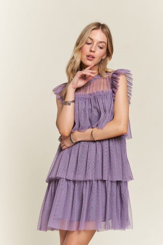 Layered Ruffled Cap Sleeve Mesh Dress