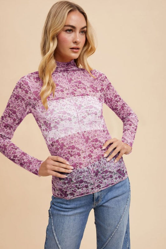 Floral Lettuce Hem Sheer Mesh Top