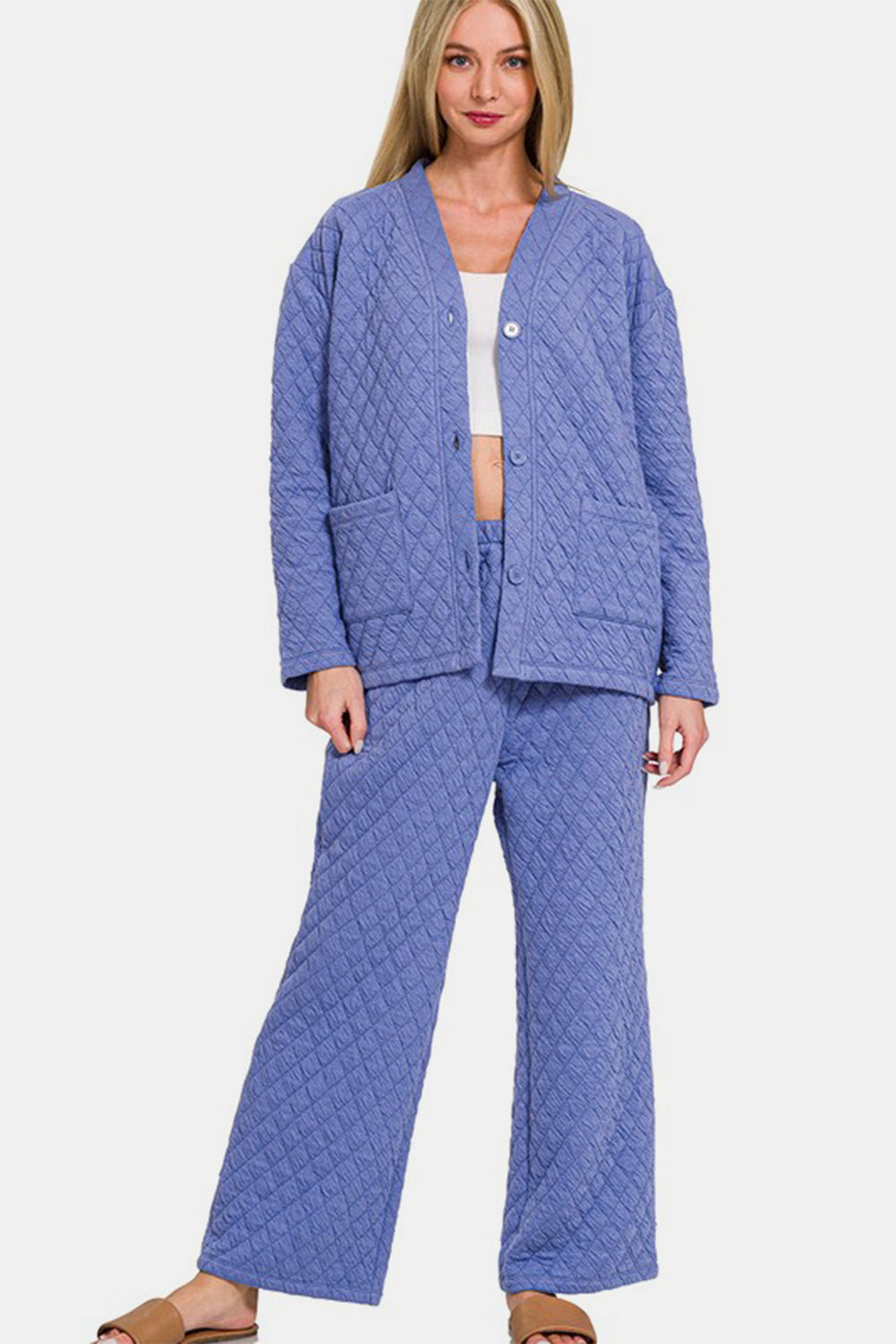 Quilted Button Up Long Sleeve Top and Pants Lounge Set