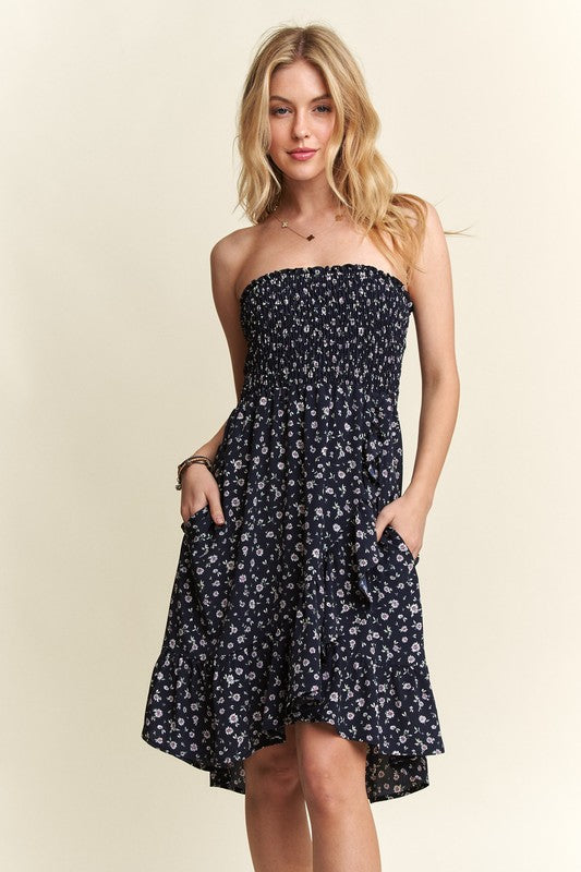 Smocked Floral Tube Dress with Pockets