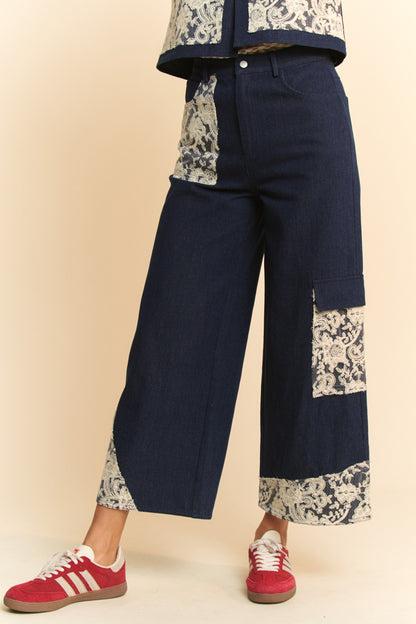 Lace Applique Wide Leg Jeans