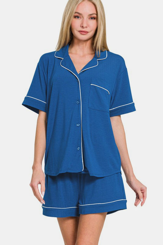 Button Down Short Sleeve Top and Shorts Lounge Set