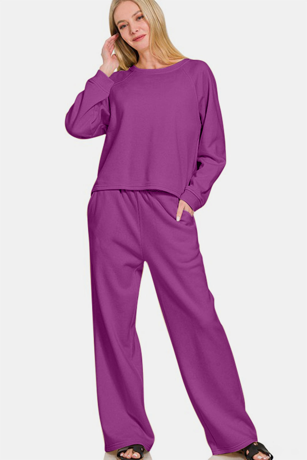 Round Neck Raglan Sleeve Top and Elastic Waist Pants Set