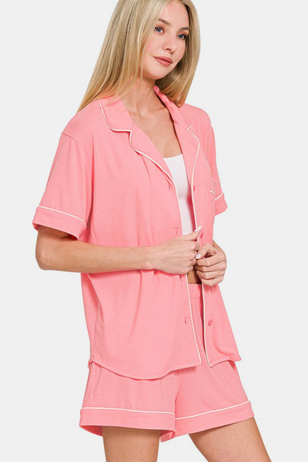 Button Down Short Sleeve Top and Shorts Lounge Set