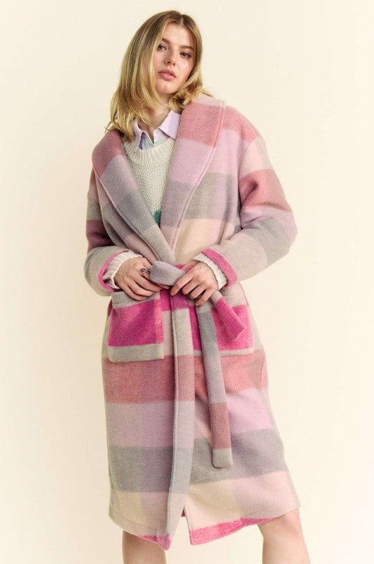 Pink Tied Color Block Collared Neck Coat