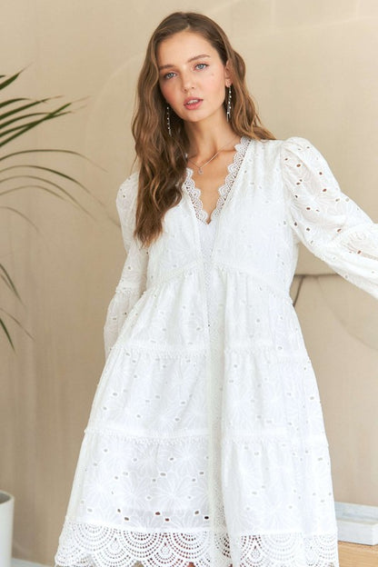 Lace Detail Tiered Eyelet V-Neck Babydoll Dress