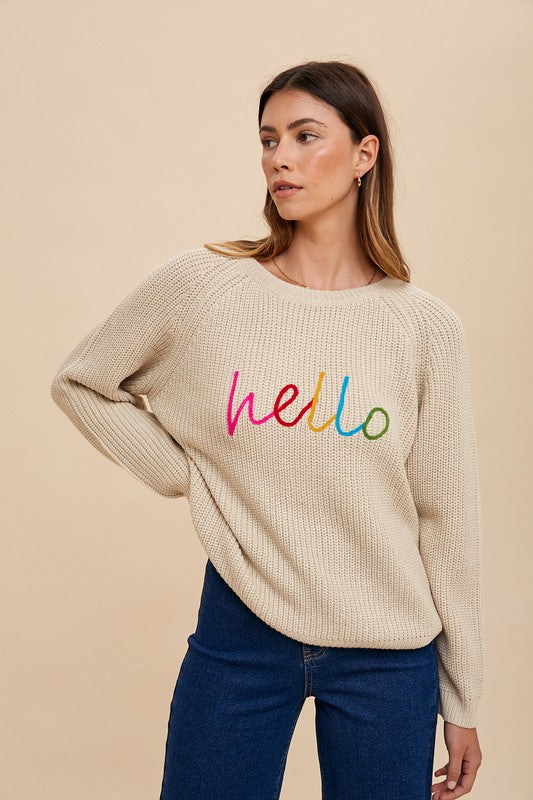 HELLO Embroidered Raglan Sleeve Sweater