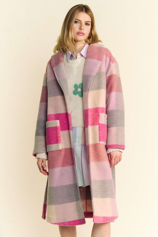 Pink Tied Color Block Collared Neck Coat