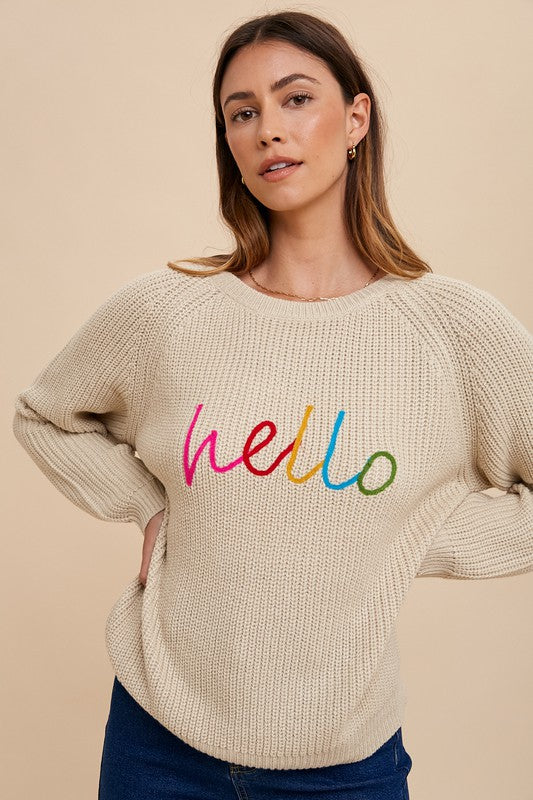 HELLO Embroidered Raglan Sleeve Sweater