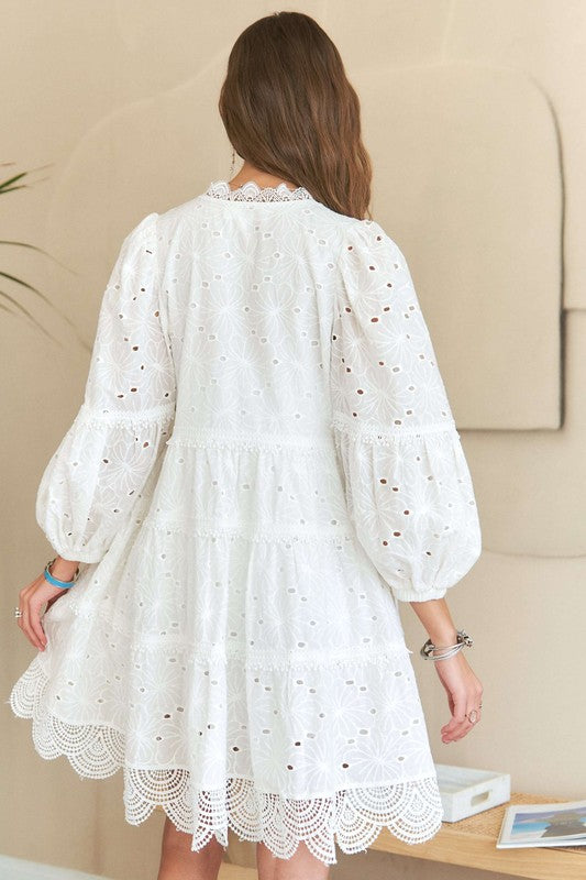 Lace Detail Tiered Eyelet V-Neck Babydoll Dress