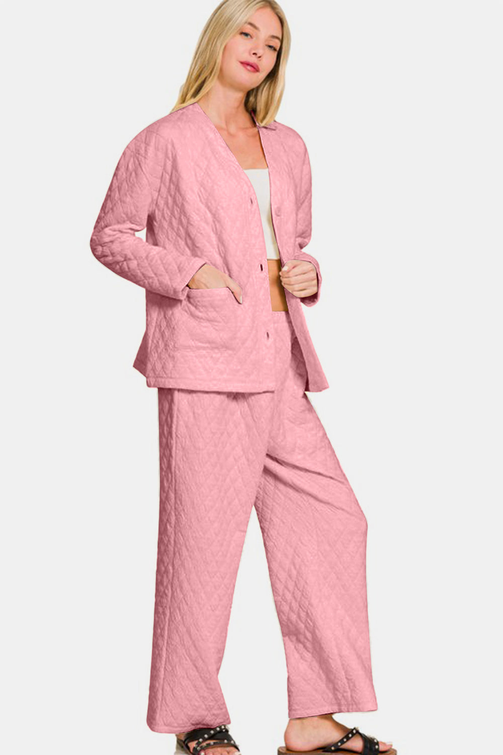 Quilted Button Up Long Sleeve Top and Pants Lounge Set