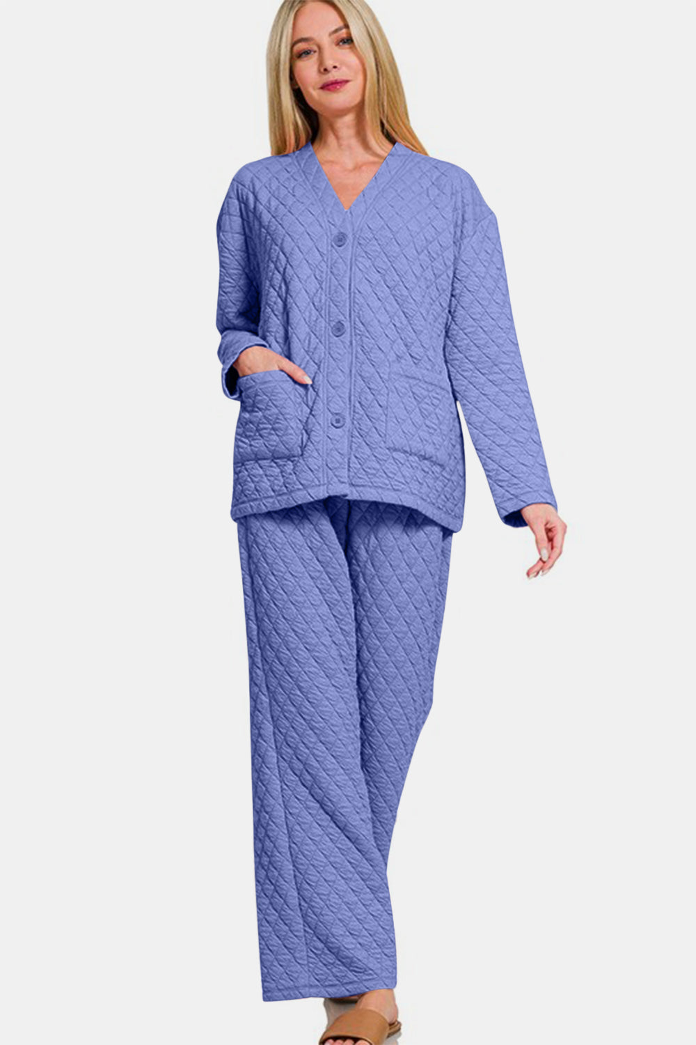 Quilted Button Up Long Sleeve Top and Pants Lounge Set