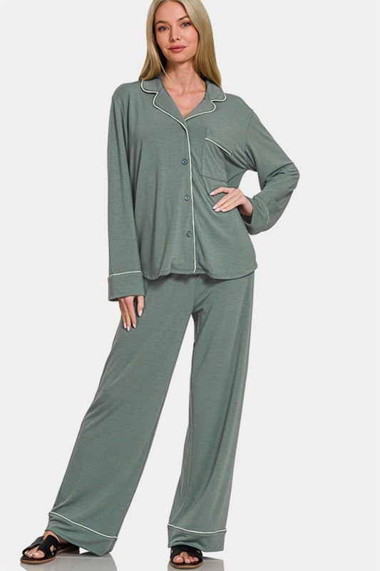 Button Down Long Sleeve Top and Pants Lounge Set