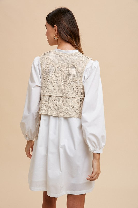 Crochet Vest Notched Long Sleeve Shirt Dress