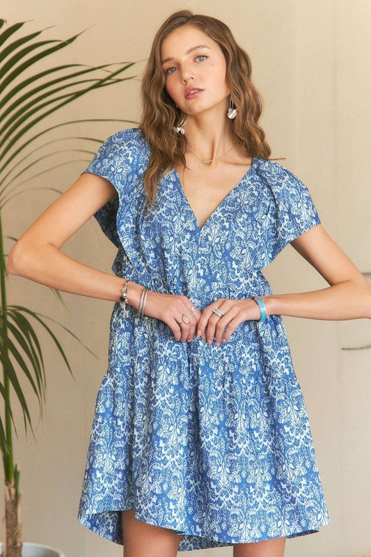 Printed V-Neck Ruffle Sleeve Mini Dress