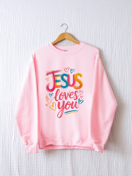 *LIGHT PINK* Gildan Unisex Sweatshirt—Jesus Loves You