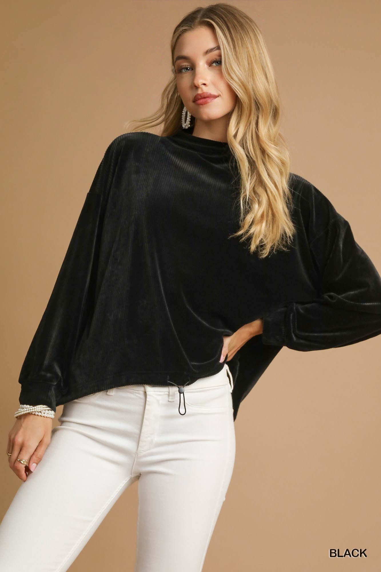 Dark Ribbed Drawstring Hem Knit Top