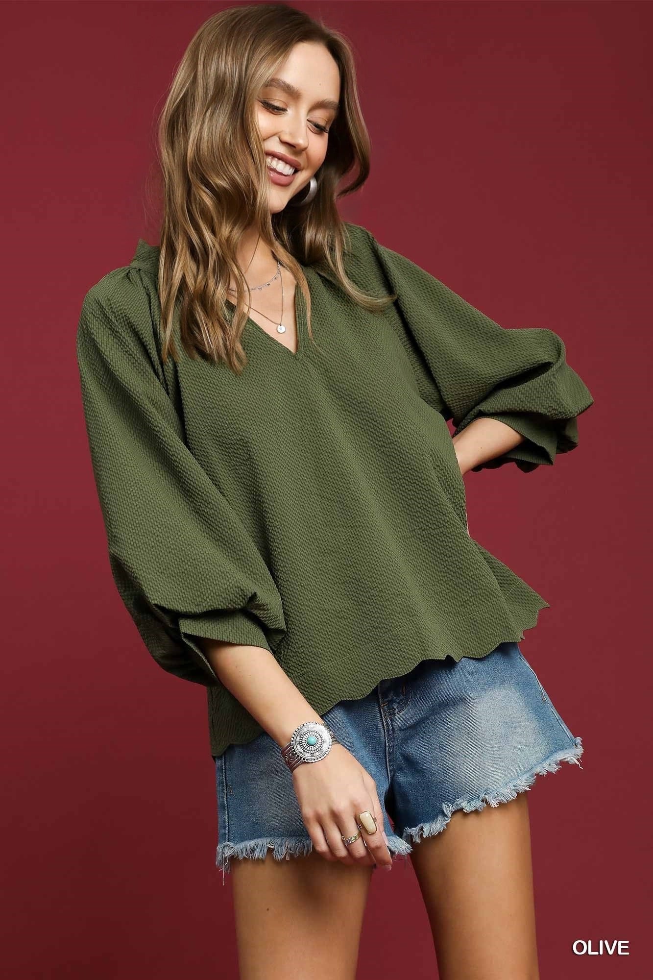 Luanne Textured Notched Balloon Sleeve Blouse Plus Size