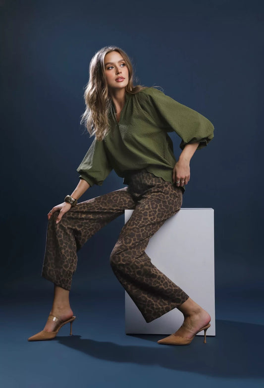 Luanne Textured Notched Balloon Sleeve Blouse Plus Size