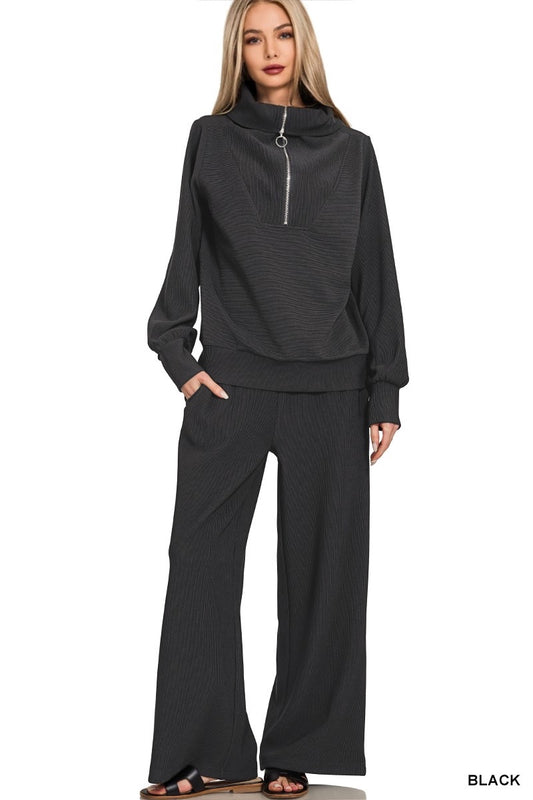 Lounge Around Ribbed High Neck Half Zip Pullover & Pants Set
