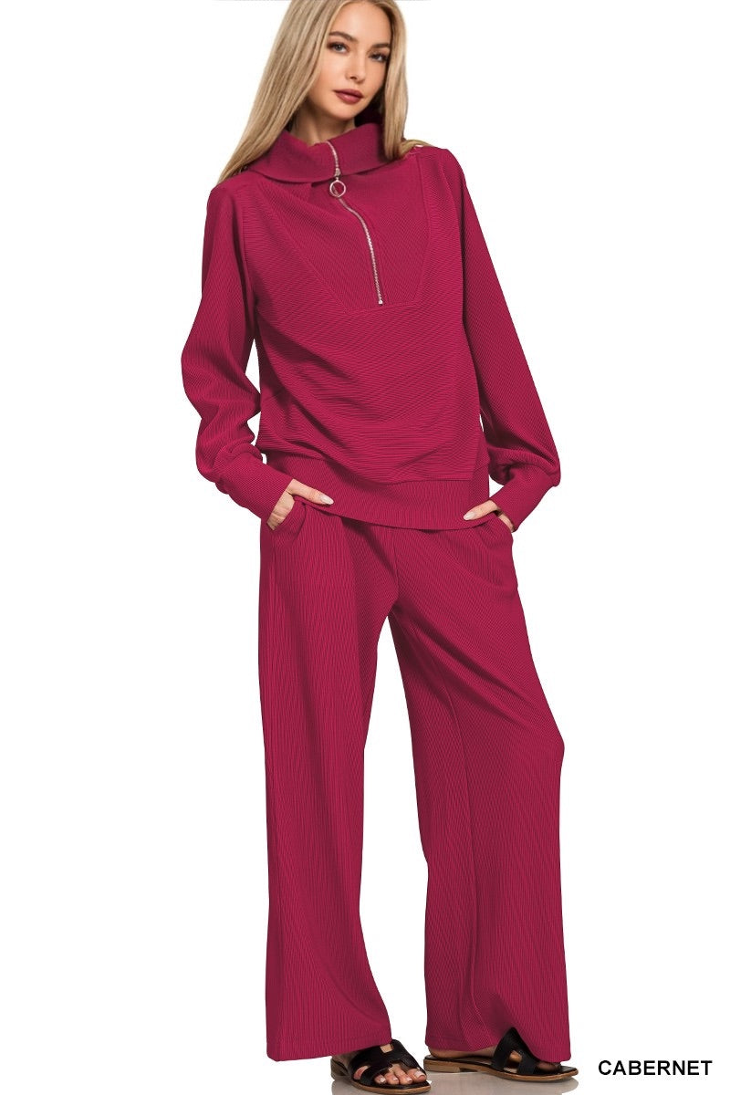 Lounge Ribbed High Neck Half Zip Pullover & Pants Set