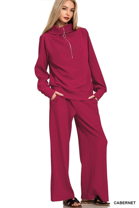 Lounge Ribbed High Neck Half Zip Pullover & Pants Set
