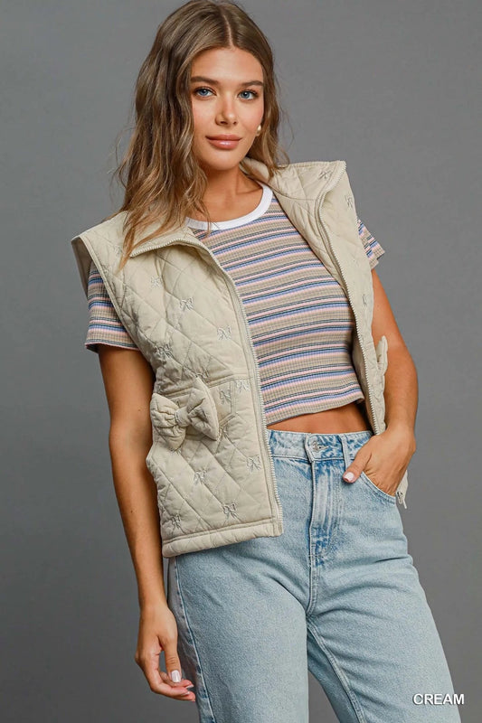 Sleeveless Quilted Vest with Bow Details