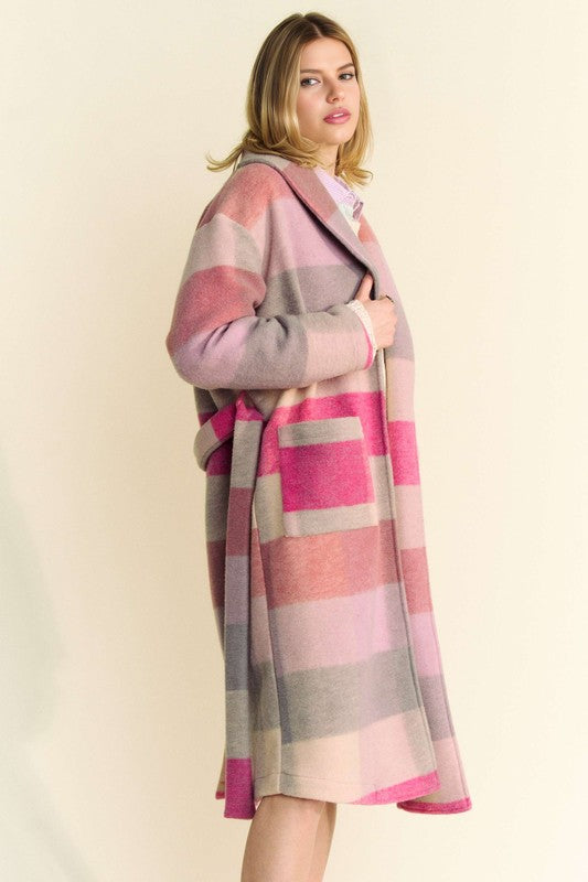 Pink Tied Color Block Collared Neck Coat