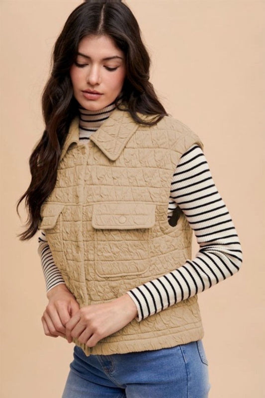 Texture Quilted Snap Down Vest Coat