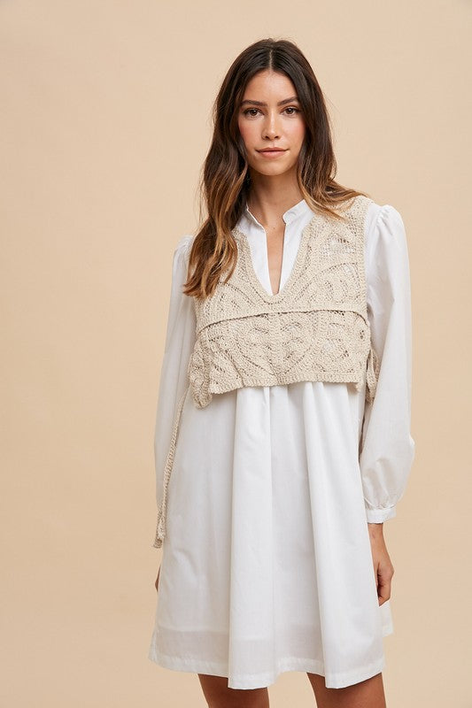 Crochet Vest Notched Long Sleeve Shirt Dress