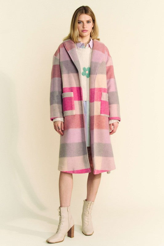 Pink Tied Color Block Collared Neck Coat