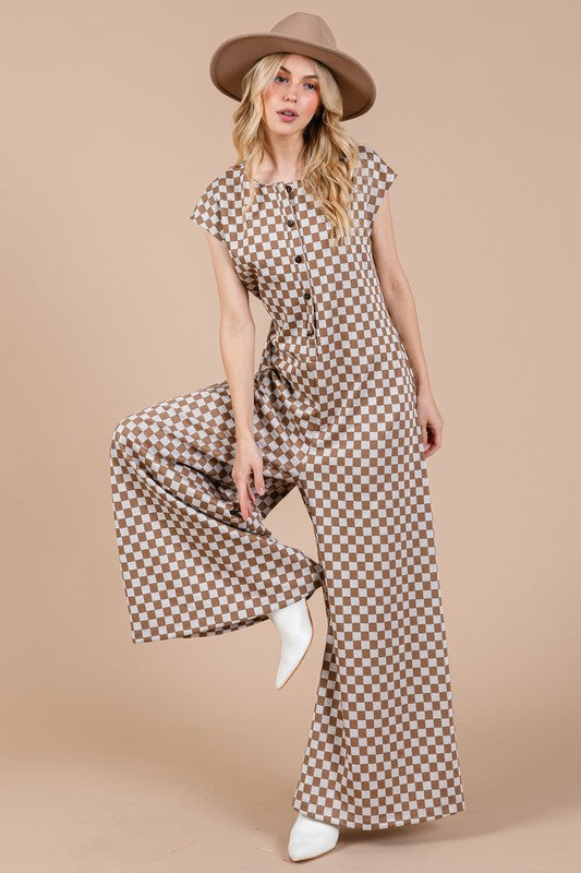 Checkered Half Button Cap Sleeve Jumpsuit