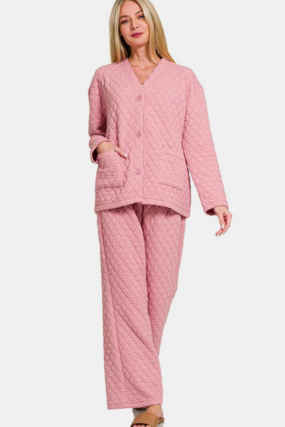 Quilted Button Up Long Sleeve Top and Pants Lounge Set