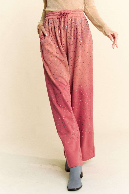 Rhinestone Drawstring Wide Leg Pants