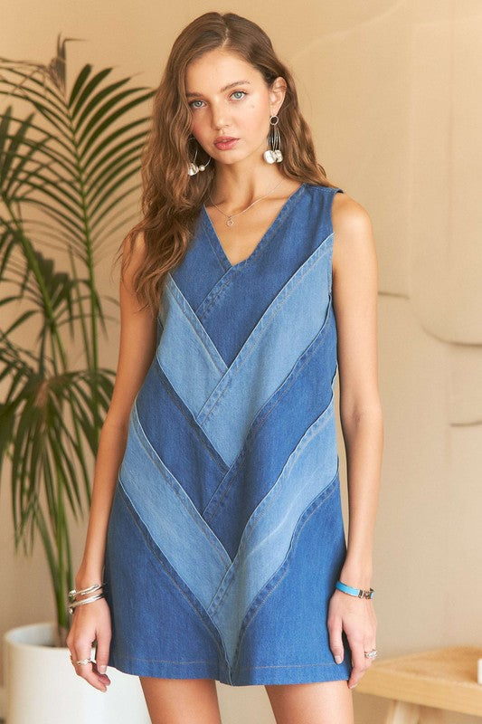 Chevron Color Block V-Neck Denim Dress