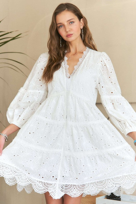 Lace Detail Tiered Eyelet V-Neck Babydoll Dress