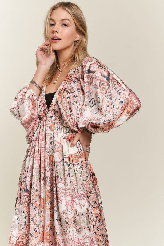 Printed V-Neck Batwing Sleeve Dress