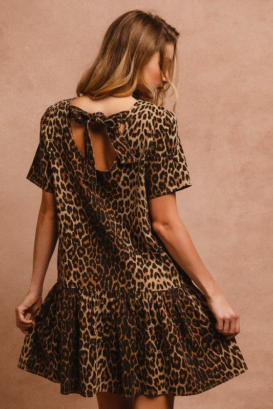 Tie Back Leopard Round Neck Short Sleeve Dress