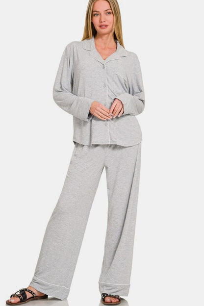 Button Down Long Sleeve Top and Pants Lounge Set