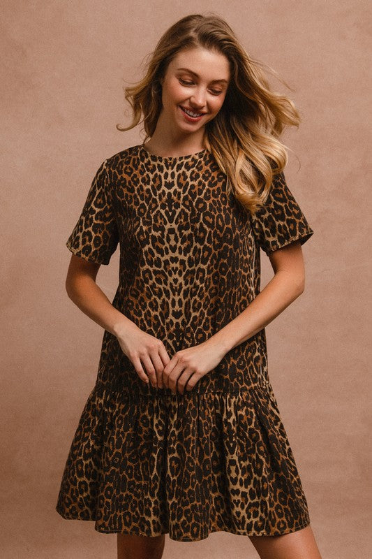 Tie Back Leopard Round Neck Short Sleeve Dress